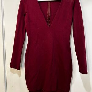 Lulu's Red Bodycon Long Sleeve Dress Plunge Neckline